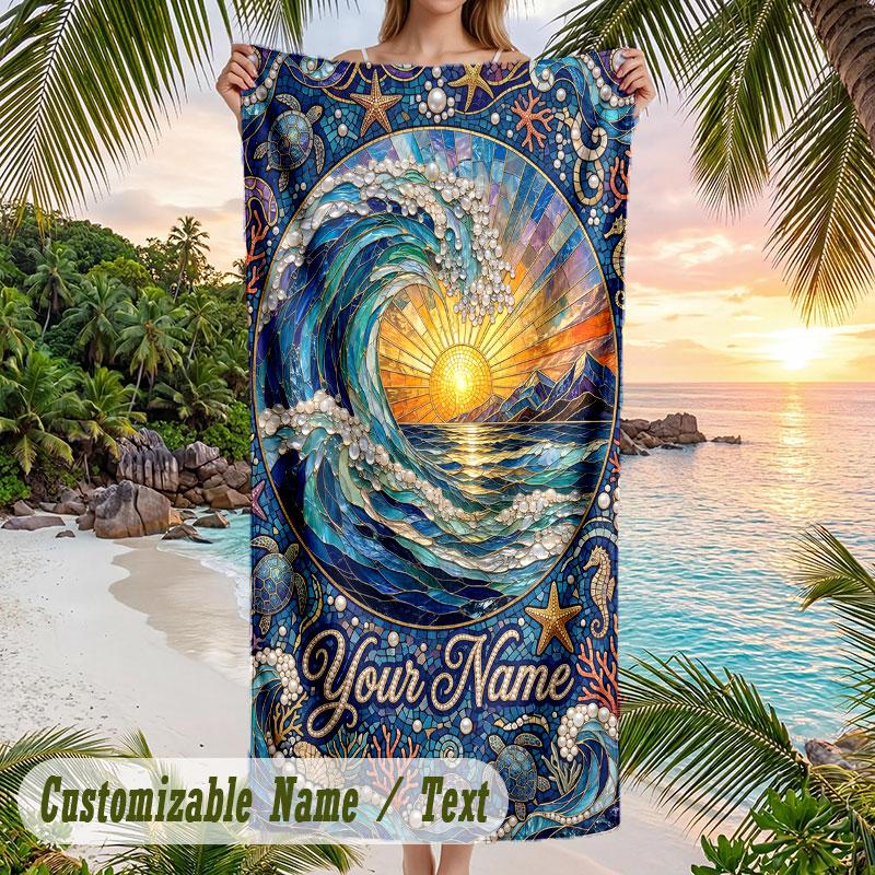 Ocean Waves Sun Theme Quick Dry Beach Towel Custom Name Text Print Large Sand Resistant Towel Beach Vacation