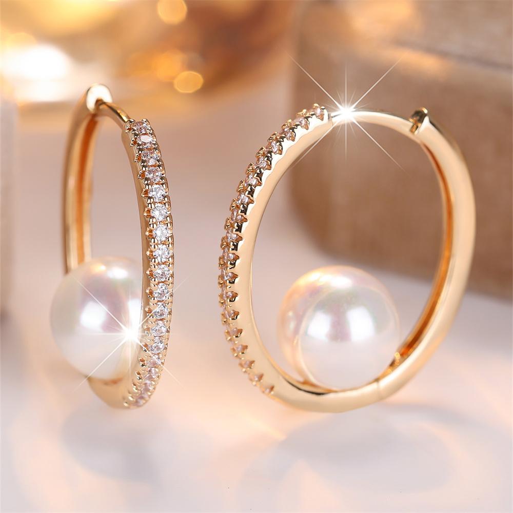 White Zircon Stone Luxury Simulated Pearl Hoop Earrings For Women Vintage Gold Color Ear Buckle Wedding Jewelry Versatile Gifts