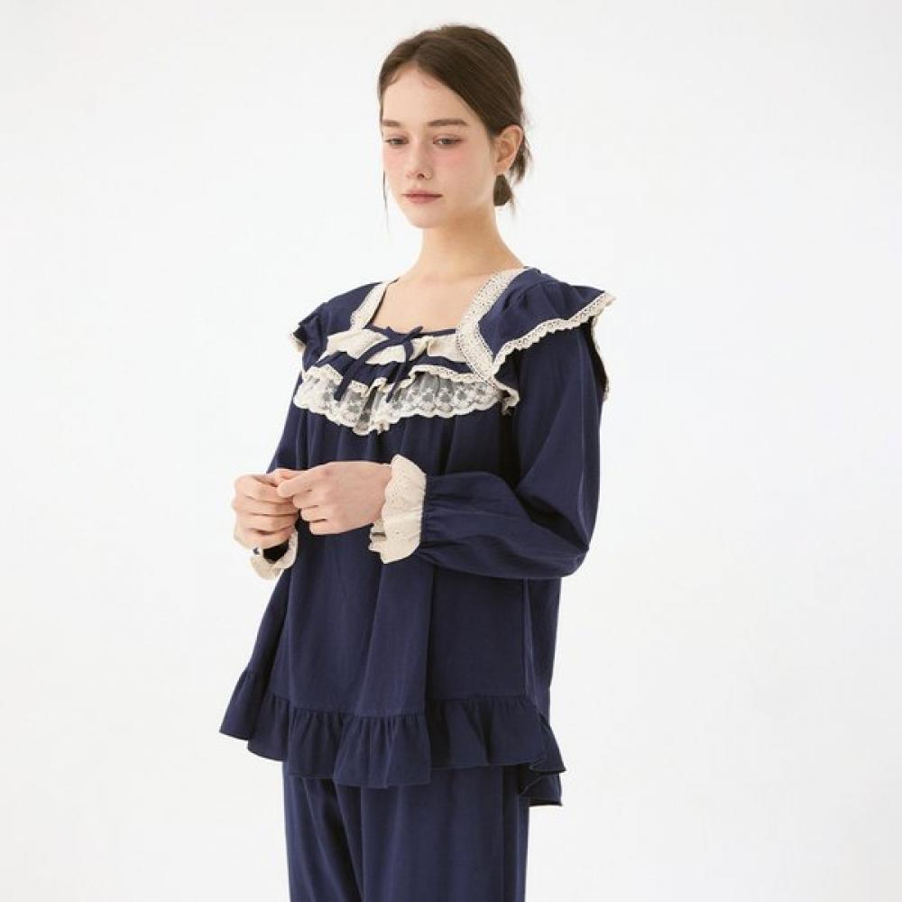 Lunaluz Women S Long Sleeve Two Piece pajamaS Cotton Square Neck Helen navy/free