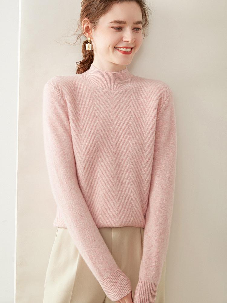 Women's Twist Pattern Cashmere Sweater - Half-High Collar, Knitted Pullover for Autumn/Winter, Loose Fit, Solid Color, Versatile Base Layer.