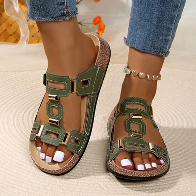 Women'S Chic Style Design Sandals Fashionable Casual Geometric Cutout Metal Flat Sandal Summer Sweat Shoes Sandalias De TacóN
