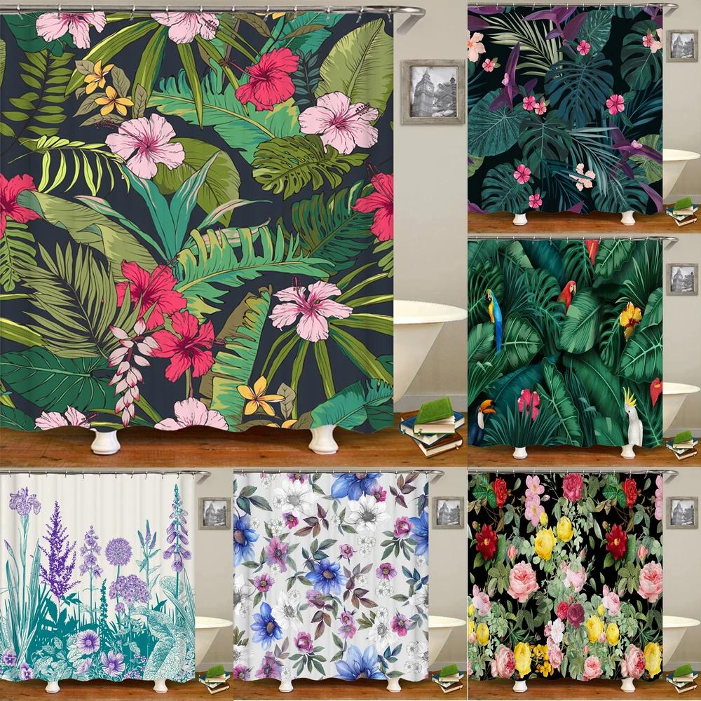 Waterproof Fabric Shower Curtain Colorful Flowers Pattern Printed Shower Curtains With 12 Hooks Multi-size Bath Screen