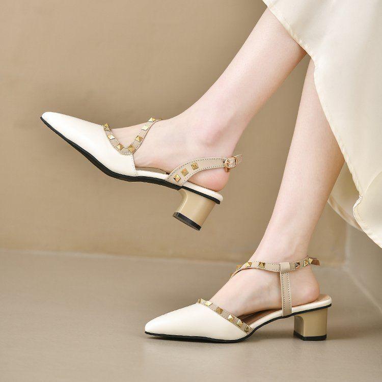 Pointed Baotou Willow Spikes Fashion Sandals Women's 2025 Spring and Summer New Middle Heel Shoes Patent Leather Backspace Thick Heel High Heels