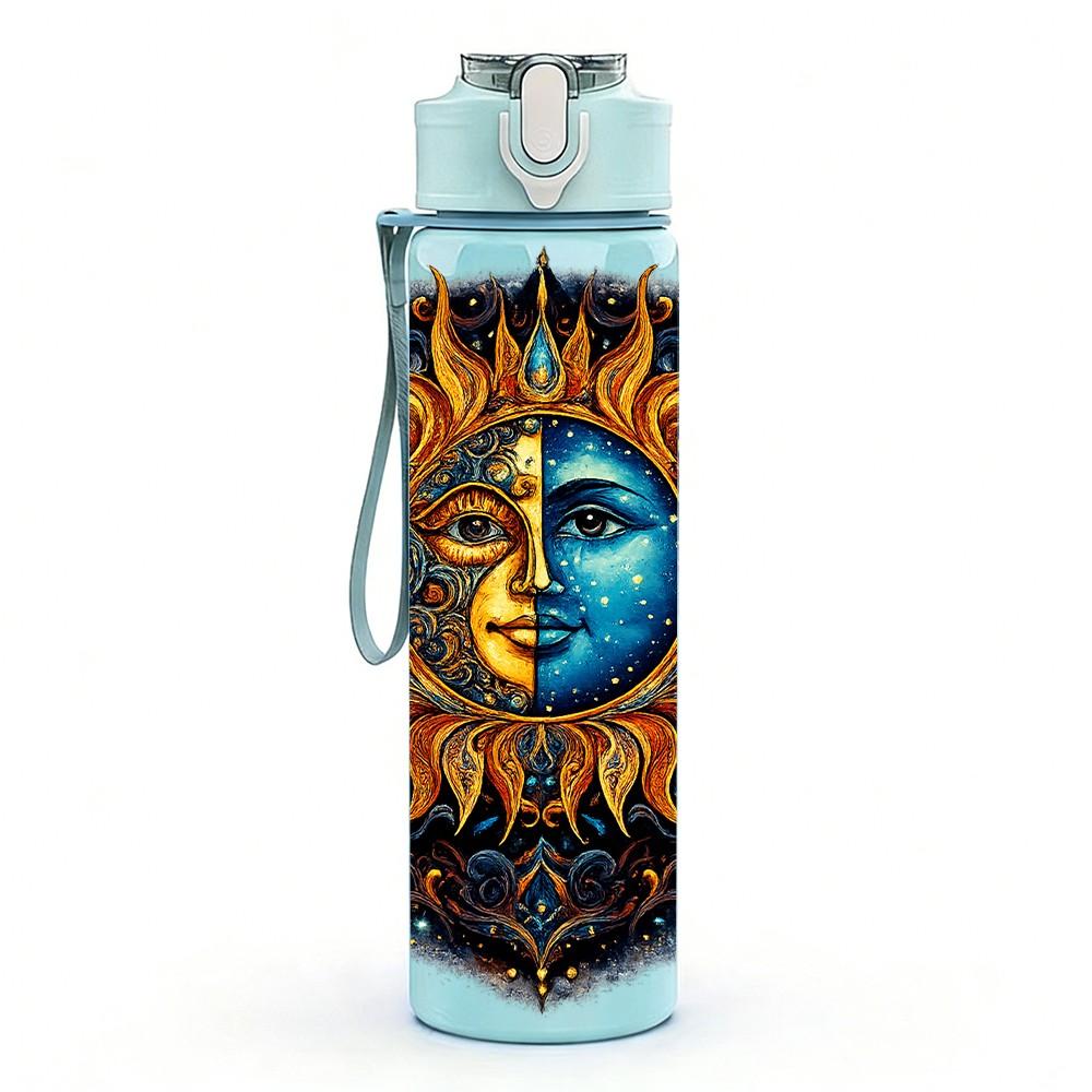 1PC Sun Face Bohemian Art Print 750ml Color Plastic Sports Water Bottle Leakproof Flip Straw Lid Suitable for Sports Office Home Use