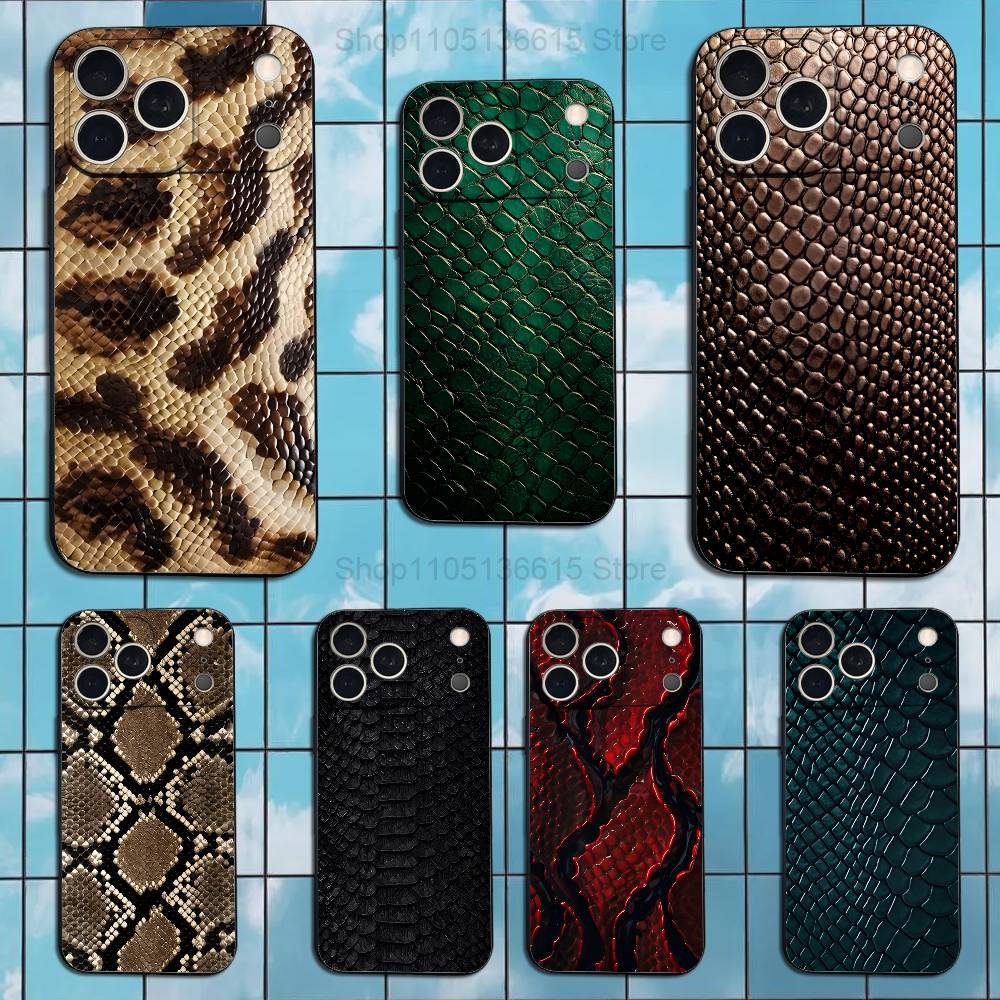 Snakeskin Pattern Art For iPhone 12,14,13,15,16,11,17,X,Mini,XR,SE,XS,Plus,Pro,Max,8,7,Soft Silicone Black Case