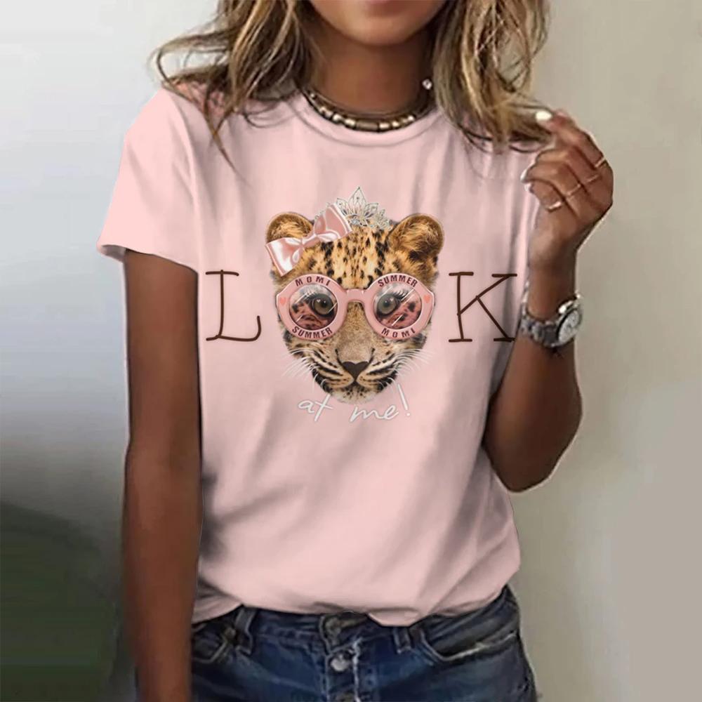 Summer women's 3D pink leopard print T-shirt fashion trend top T-shirt women's casual fashion