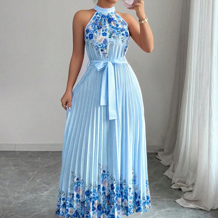 Women's New Year Fashion Printed Pleated Long Dress