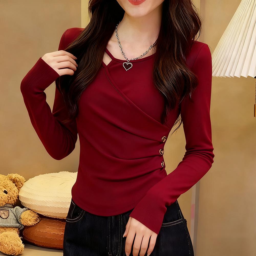 

Irregular Long-sleeved T-shirt for Women in Spring Autumn New Style Fashion Temperament Slim Bottoming Shirt Trend S червоний