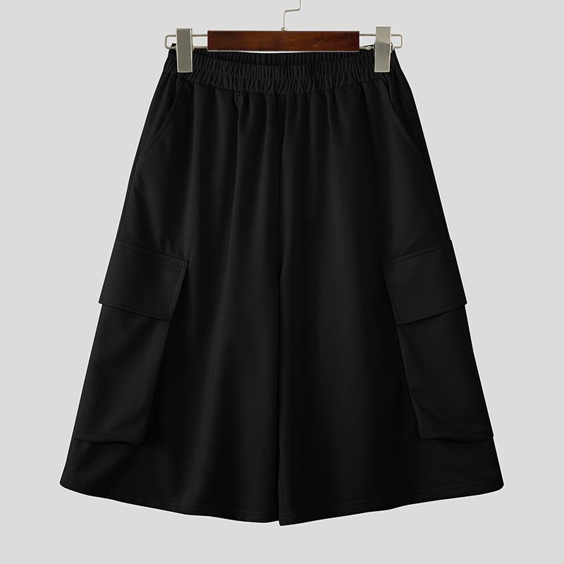INCERUN Summer Men Elastic Waist Pockets Casual Loose Shorts Pants Capri 4XL чёрный