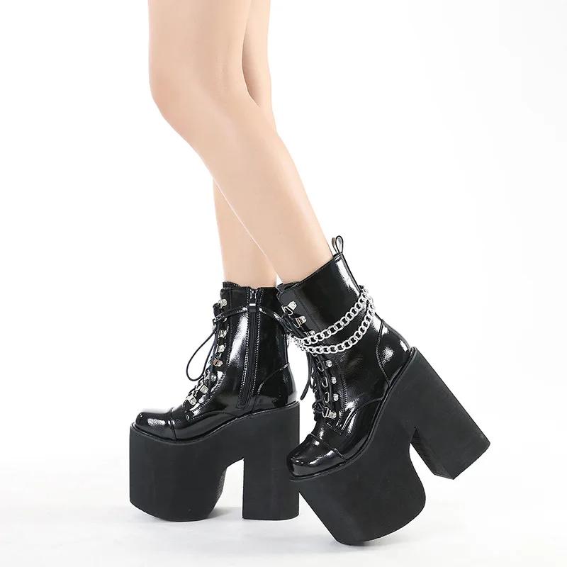 Fashion Woman Lace Autumn Boots Womens Ladies Chunky Wedge Platform Black Patent Leather Ankle Boots Punk Goth New Arrival 2025