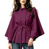 Women's Color Stand Collar Wool Cape Coat with Belted Waist and Long Sleeves
