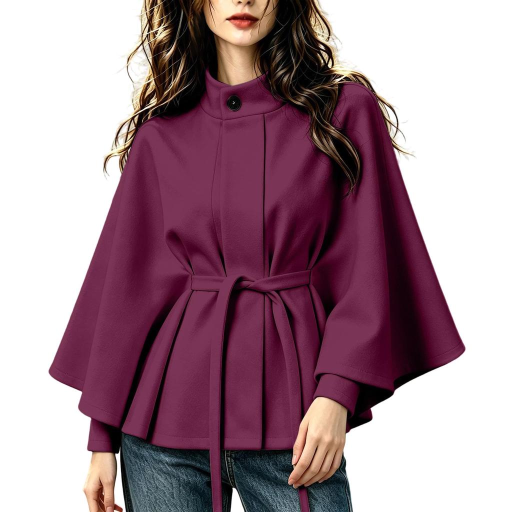 Women's Color Stand Collar Wool Cape Coat with Belted Waist and Long Sleeves