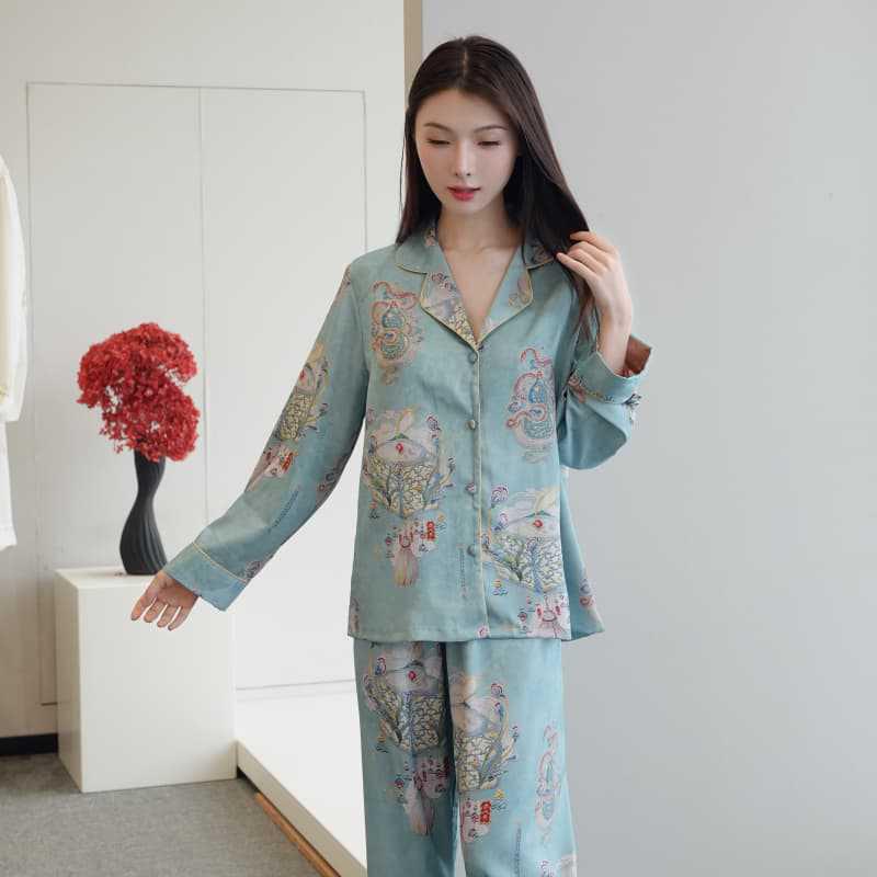 Blüten am Wegesrand: Damen Langarm Pyjama-Set im Nationalstil für Frühling und Herbst