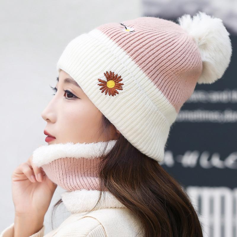 Hat Women's Autumn and Winter Wool Ball Cute Knitted Hat Winter Outdoor Biking Plus Fleece Warm Neck Protective Cotton Hat