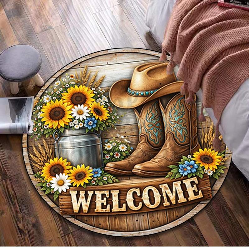 1Pc Cowgirl Boots Hat Circular Print Rug - home decoration Carpet For Living Room Bedroom Flooring Computer Chair Area Rug
