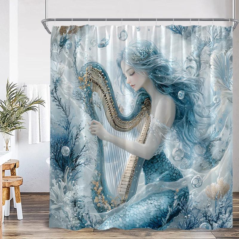 Ocean Mermaid Shower Curtains Sea Waves Cosmic Starry Sky Sunset Scenery Modern Fabric Home Bathroom Curtain Decor With Hooks
