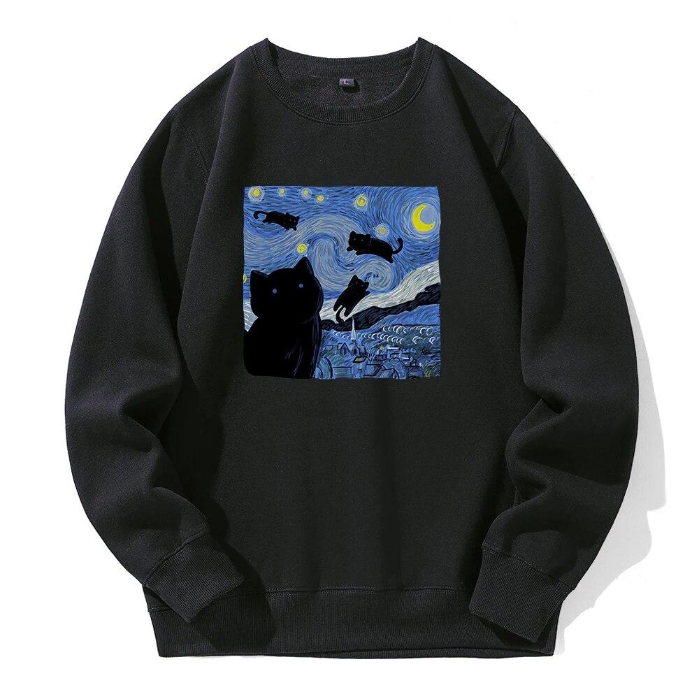 Pictură în ulei Pisică neagră Noapte înstelată Imprimare Glugă Unisex Moda sportivă Noi Hanorace Fleece Hanorac cald Hanorac largi supradimensionat