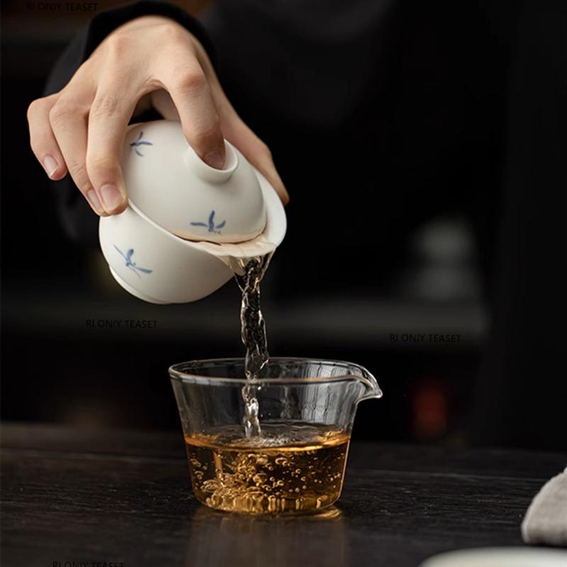 Chinese Portable Travel Ceramic Tea Set Glass Fair Cup Handmade Orchid Gaiwan Teacup Tradition Teaware with Storage Bag