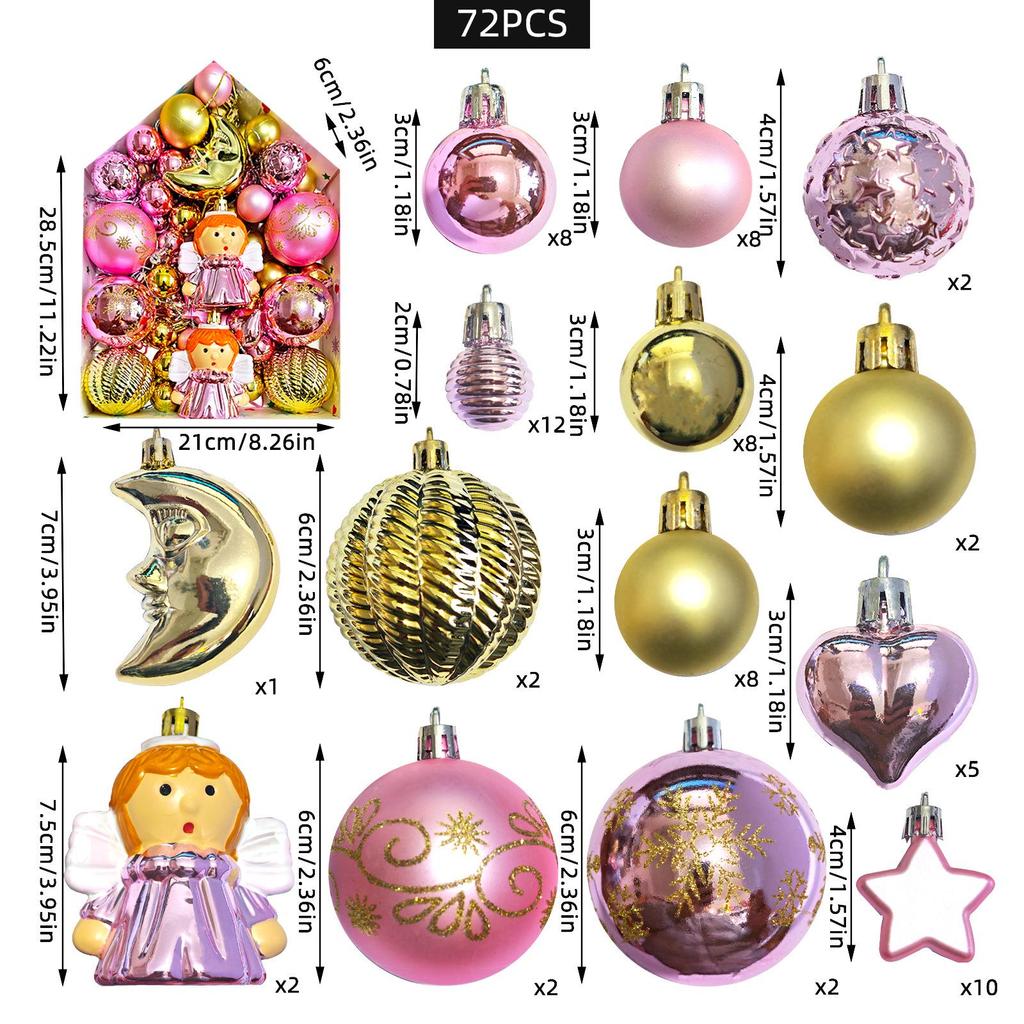 72-Piece Christmas Tree Decorations Set: Houses, Gift Boxes, Snowmen, Sleigh, and Painted Plastic Ornaments
