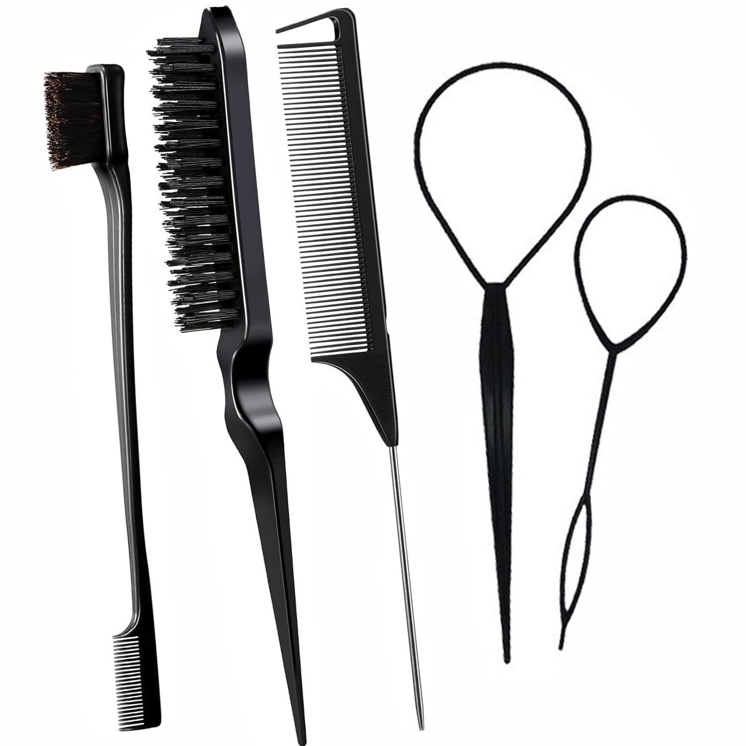 

5Pcs/set Grooming Hair Styling Comb Set Edge Brush Hair Tail Tools Slick Brush Set Brushing Combing Rat Tail Comb чорний