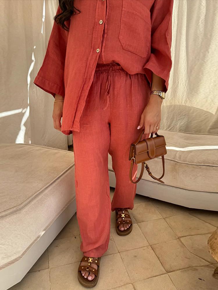Vintage Solid Shirt Trousers Suit Women Single Breasted Long Sleeve Shirt Wide Leg Pants Summer Female Set