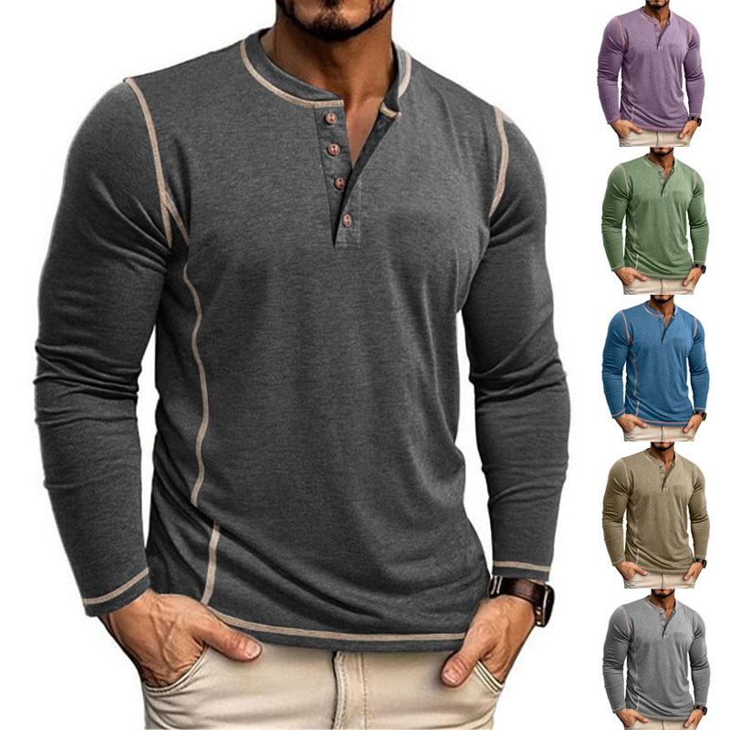 Men's American Retro Henley Collar Long Sleeve T-Shirt Contrast Color Topstitch Slim Fit Casual Bottoming Shirt