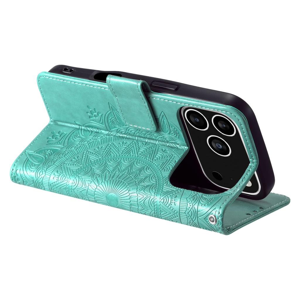 For iPhone 17 Pro Stand Case Imprinted Totem PU Leather Wallet Phone Cover with Wrist Strap