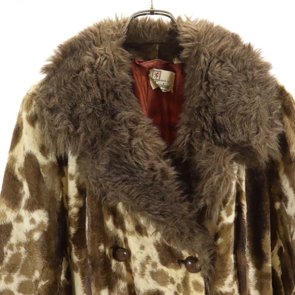 VINTAGE 70s 80s Made in England Animal Pattern fur coat Brown Women Used