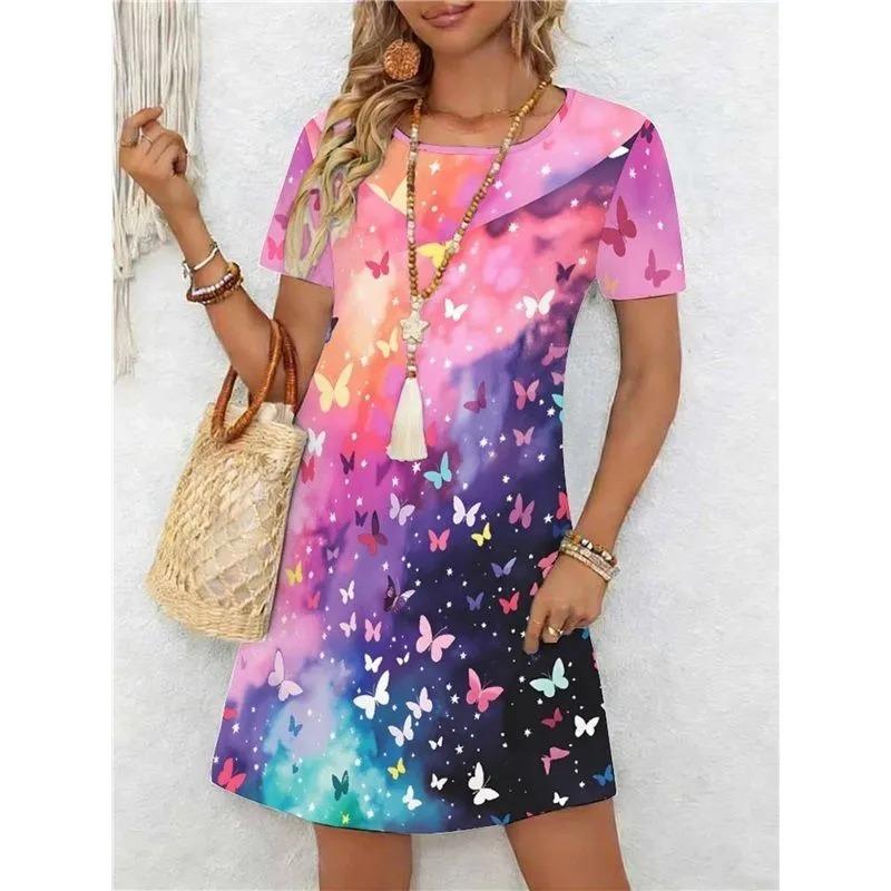 Summer Ladies 3D Printed Short Sleeve Dress Fashion Versatile Breathable Trend Casual