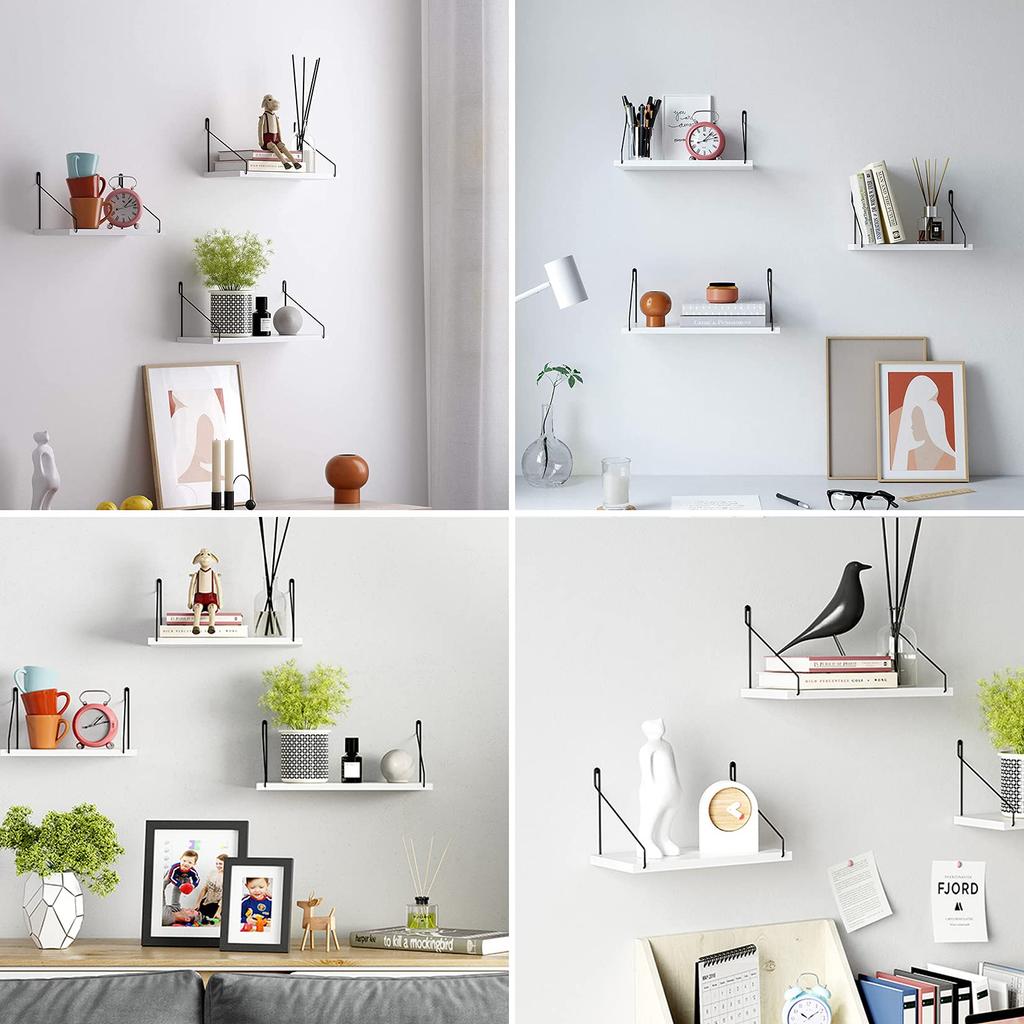 Natural Wood Wall Shelf, Iron Wire Wall Shelf, Perfect for Rentals, Display Shelf, Wall Storage, No-Trace Nails, Screws Included (White, Set of 3)