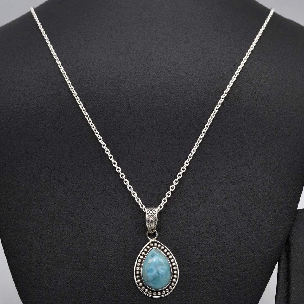 Pear Cabochon Natural Larimar Pendant Necklace Solid 925 Sterling Silver Gemstone Pendant with Chain Jewelry