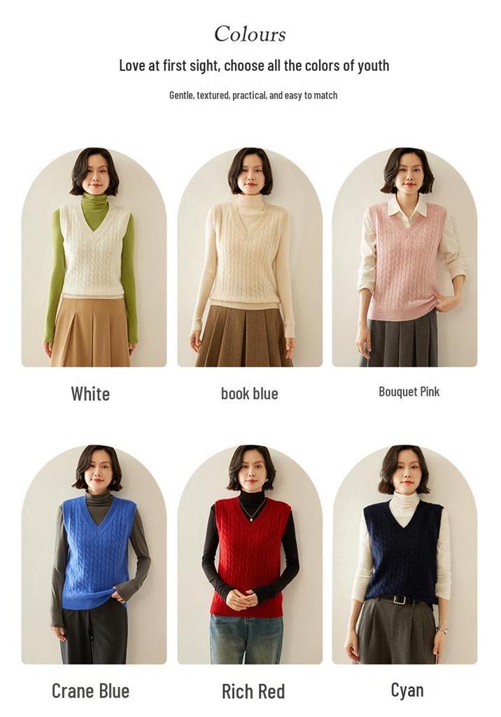 Women's V-neck Cashmere Cable Knit Sleeveless Vest Cardigan Sweater