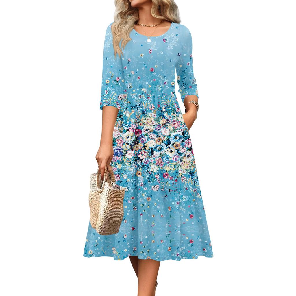 Rochie de damă cu mâneci 3/4, casual, fluidă, în A, midi, tip tricou, cu buzunare, cu gât rotund, pentru vacanță, boho, de plajă, de vară