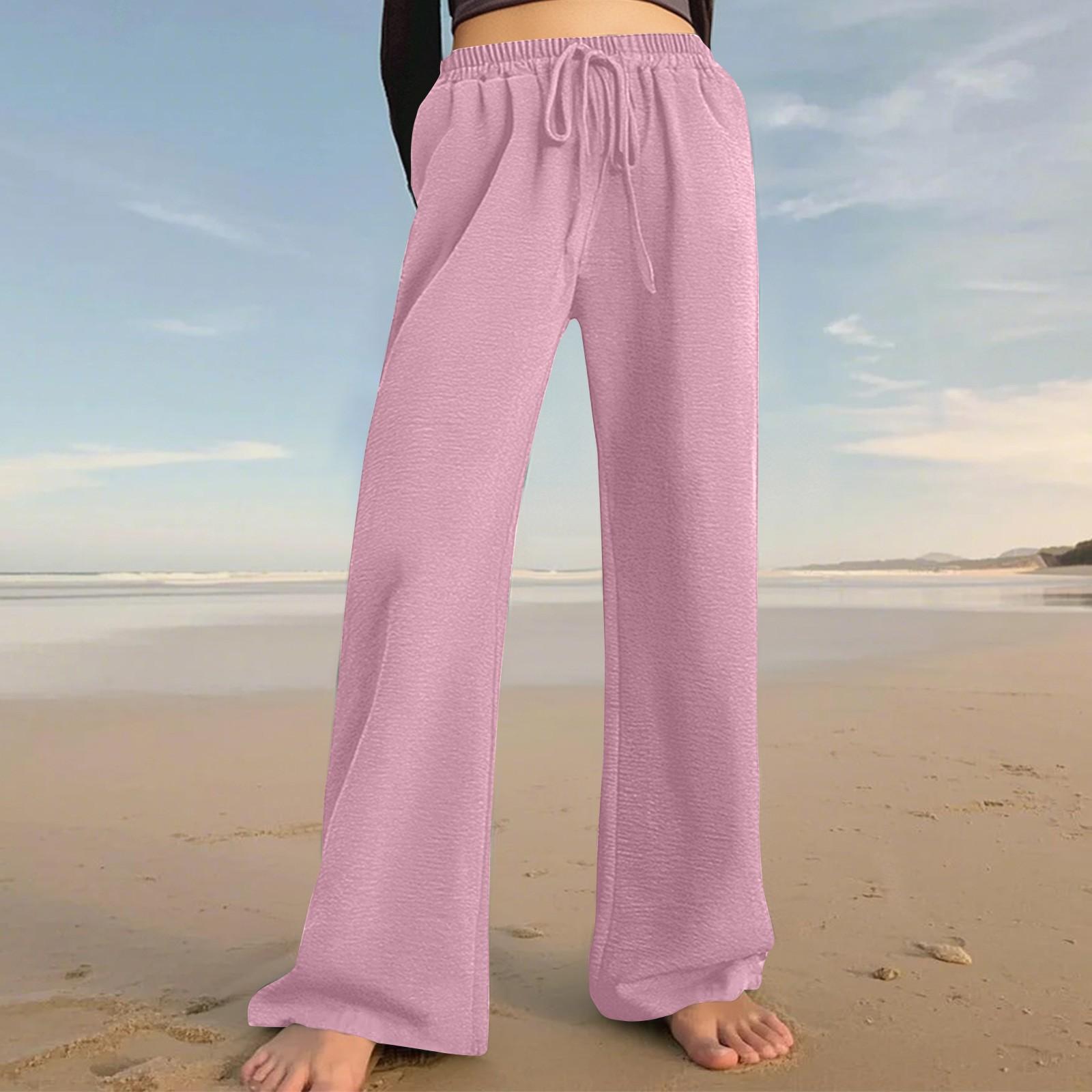 

Женские универсальные однотонные широкие брюки на шнурке Широкие брюки Повседневные брюки XL розовый