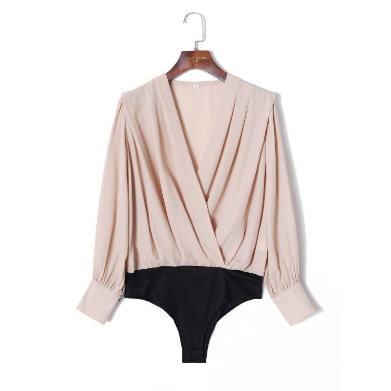 

2024 Женская Весенняя Одежда Мода Ветер Сексуальный Пуловер с Глубоким V-образным Вырезом, Рукавами-Буфами с Рюшами, Приталенный, Контрастных Цветов, Боди Milk Tea M