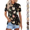 Women Casual Button Down Short Sleeve Polo Shirt with Cartoon Animal Print and Side Slits Lightweight Summer Top