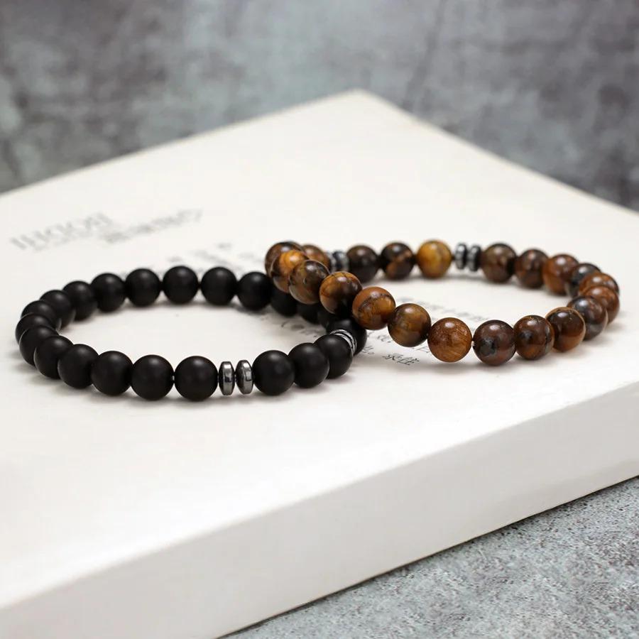 Genuine Natural Stone Beads Bracelet Men 8MM Howlite Obsidian Tiger Eyes Beaded Elastic String Bangles Homme Joias