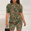 Women Plus Size Green Printed Round Neck Short Sleeve Top Fitted Shorts Two Piece Set
