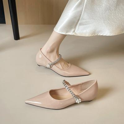 Pointed Rhinestone Single Shoes Women's French Temperament Shallow Mouth Word Belt Mary Jane Shoes Flats