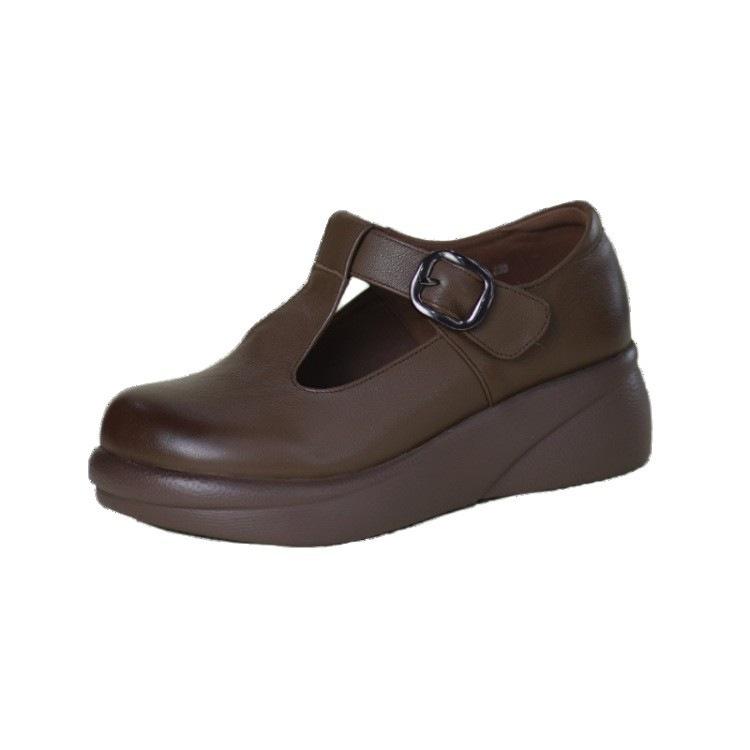 Retro Mary Jane shoes hollow breathable hole shoes spring and summer new round head non-slip slope heel leather shoes