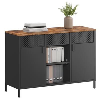 Storage Cabinet, Metal Cabinet, Sideboard with 2 Doors, Magnetic Closure, Adjustable Shelves, Steel Frame, Rustic Brown and Matte Black U