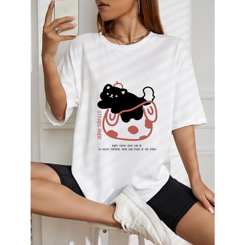 Cute Cat In Cup T Shirt White Black Cat With Red Cup And Text Design For Casual Wear And Daily Outfits
