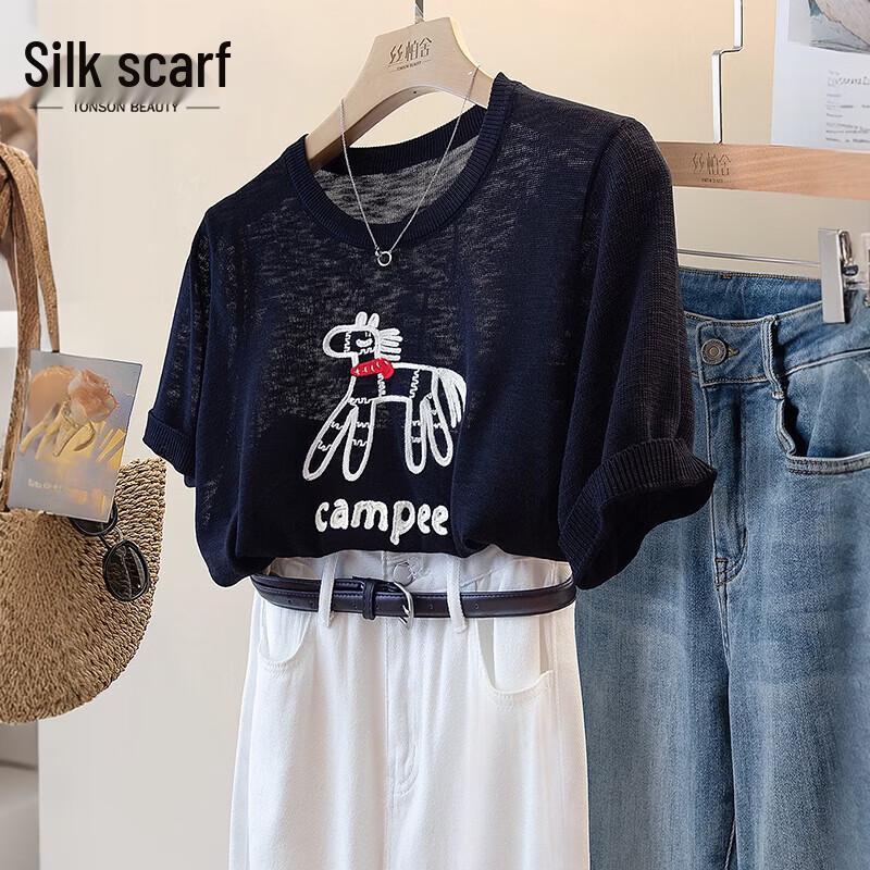 Women s Cartoon Embroidered Thin Knit Pullover T-shirt One Size