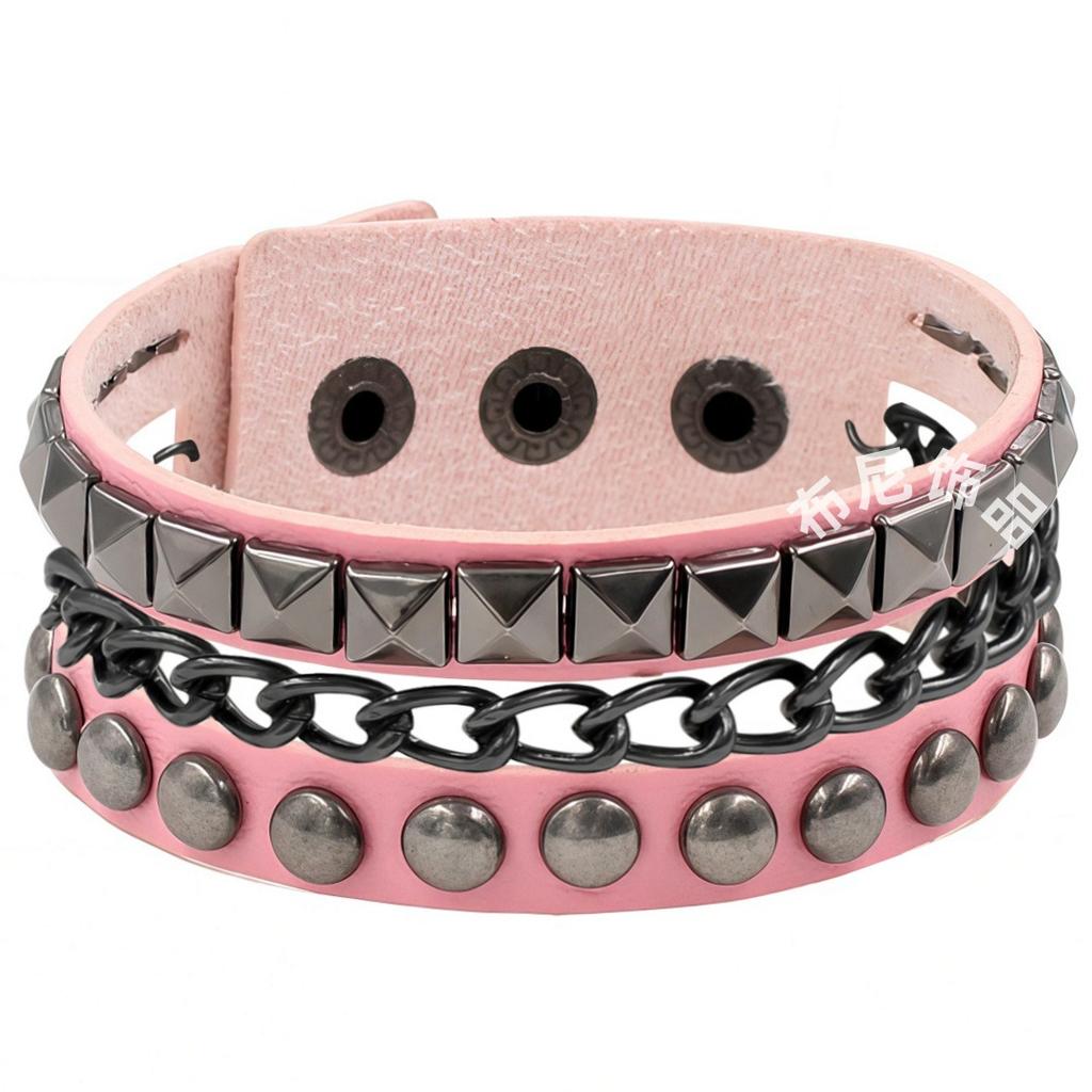 PU Leather European and American Punk Bracelet Dark Black Square Rivet Bracelet Non-mainstream Iron Chain Multi-layer Bracelet