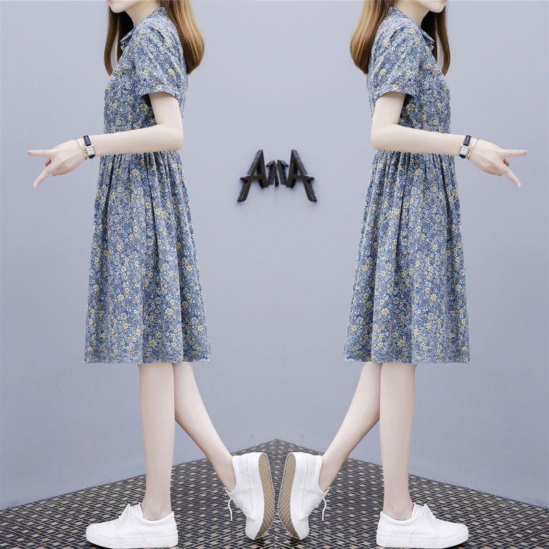 

Cotton and Linen Floral Dress Women s New Arrival Summer 2024 Polo Collar Tight Waist Small Elegant A- line Skirt Blue S