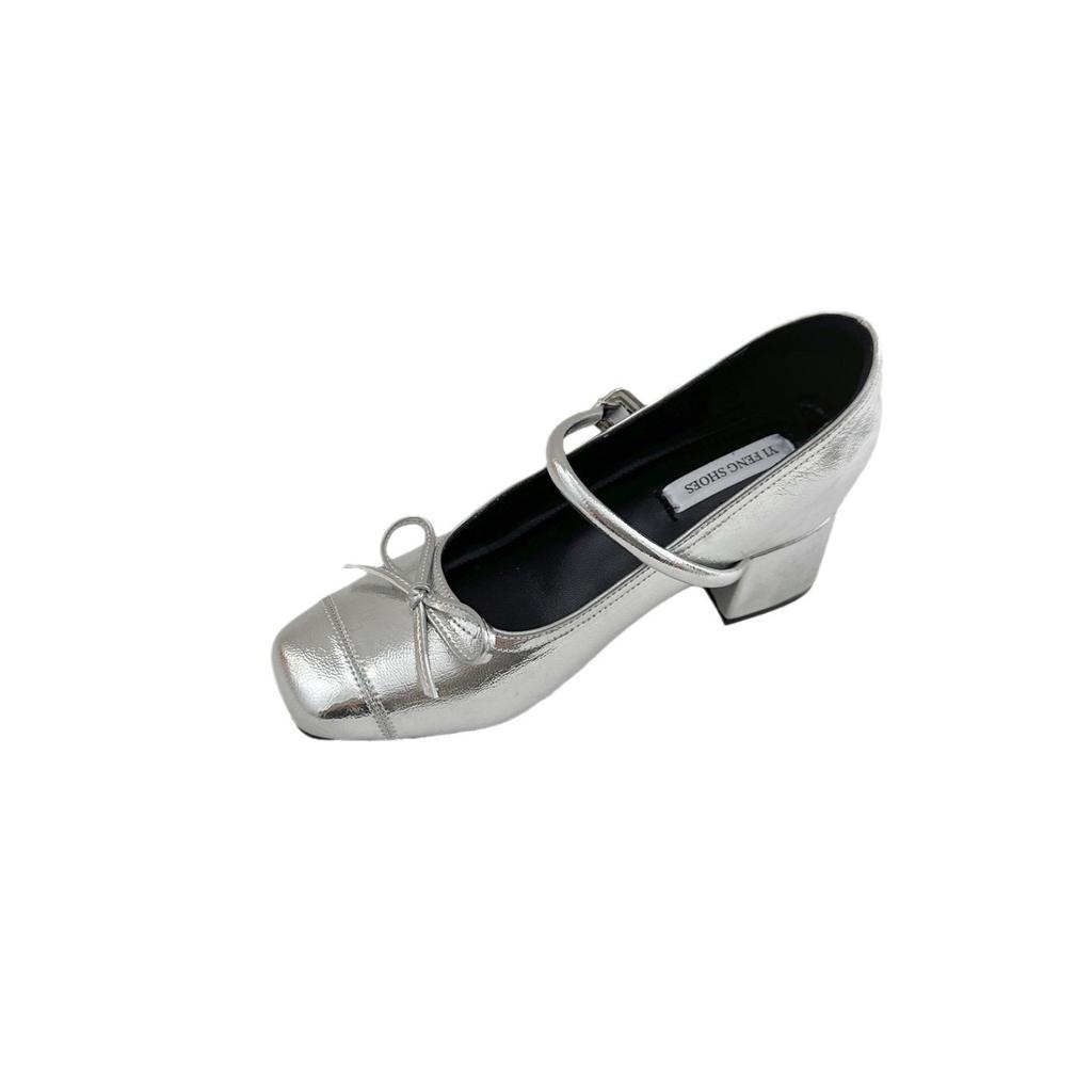 Mary Jane argentées à talon épais plus rehausse intérieure 8cm nouveau tempérament navettage mot avec bout carré rond nœud talons hauts