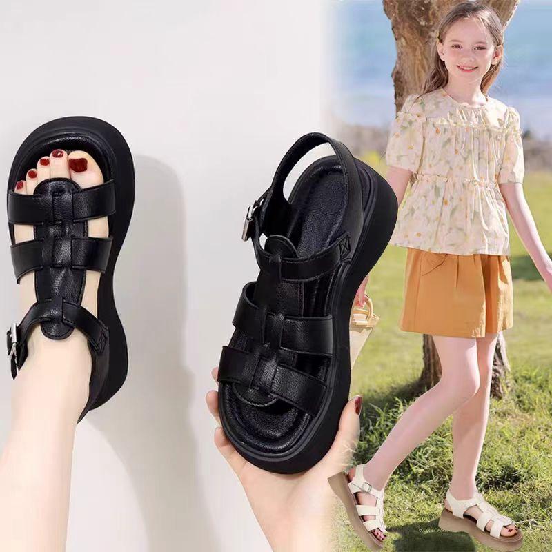 

Girls sandals, new summer fashion, children s soft-soled sports shoes for older kids, princess-style Roman shoes 28-32One Hand5Double чёрный