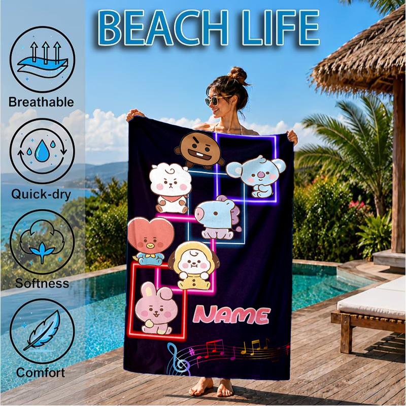 Custom Name Music Friends K-pop Beach Towel Microfiber Beach Towel, Lightweight and Quick-Dry, for Summer Travel, Swimming Pool Gift