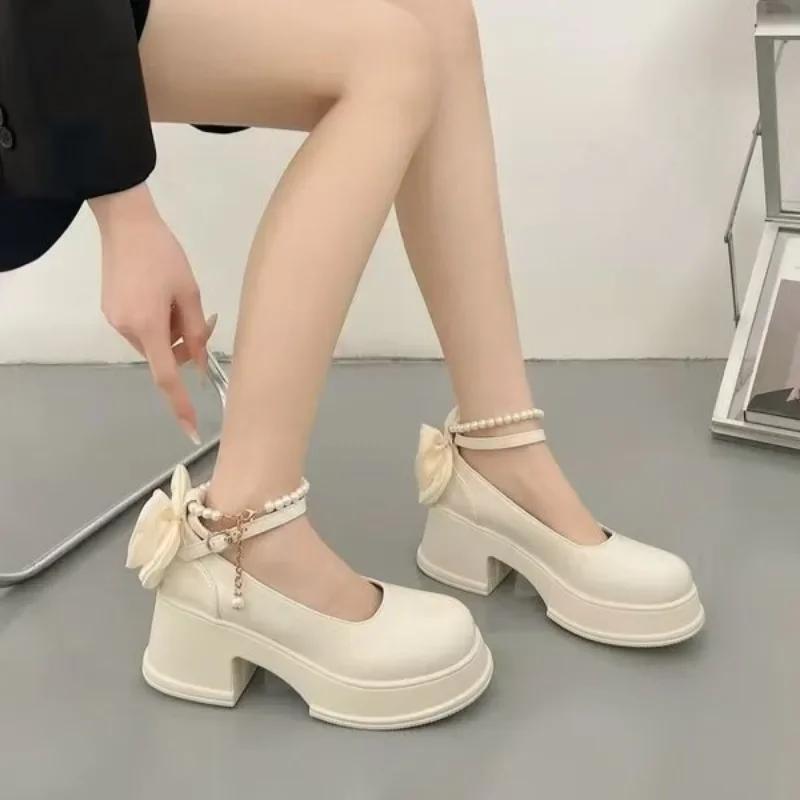 

Fashion Women s Pumps 2025 New Brand Buckle Strap Ladies High Heels Fashion Butterfly-knot New Dress String Bead Shallow Mary Jane Shoes 40 покинуть белый
