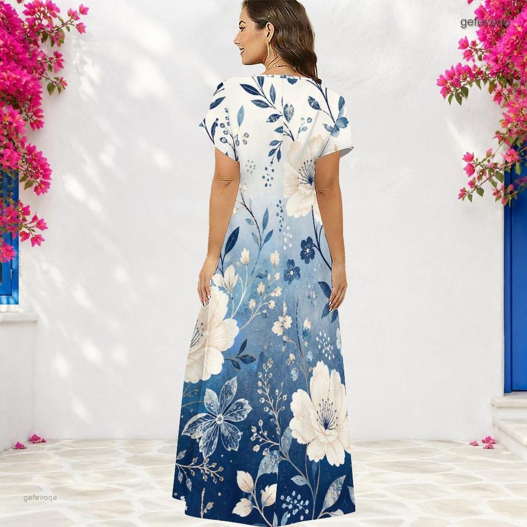Women Plus Size V Neck Short Sleeve Floral Printed Navy Blue Straight Maxi Dress
